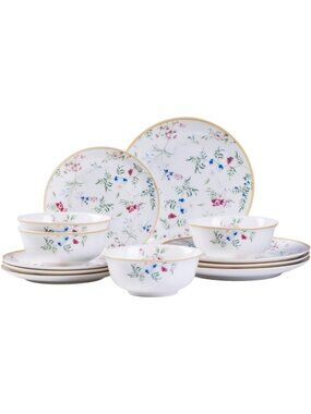 Elegant Floral Dinnerware Set for 4 - 12-Piece Porcelain Plates & Bowls, Gold